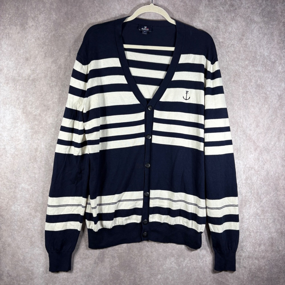 Faconnable Cardigan Women XL Navy Striped Nautical Cotton Cashmere Anchor $225